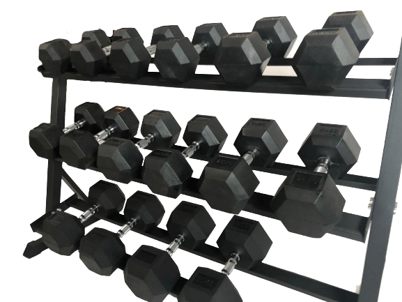 Otte par hexagon håndvægte opstillet i et rack med samlet vægt på 340 kilo