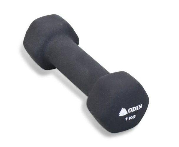 Sort neoprenbelagt hexagon håndvægt på 1 kg med Odin-logo