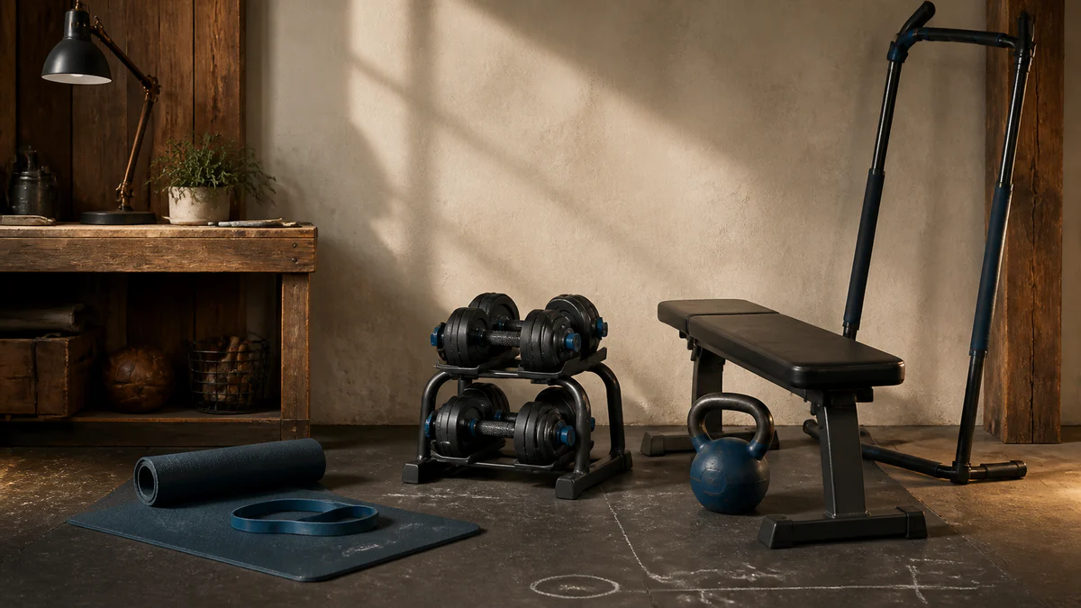 Hjemmetræningsudstyr med måtte, håndvægte, kettlebell, bænk og træningselastik i et roligt rum